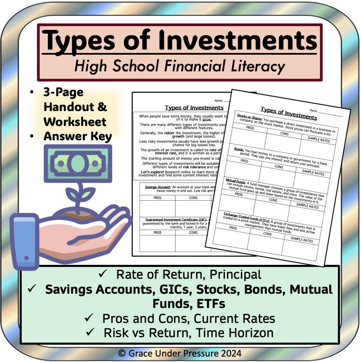 An educational teaching resource from Grace Under Pressure entitled Types of Investments: Personal Financial Literacy- GICs, Stocks, Etc. downloadable at Teach Simple.
