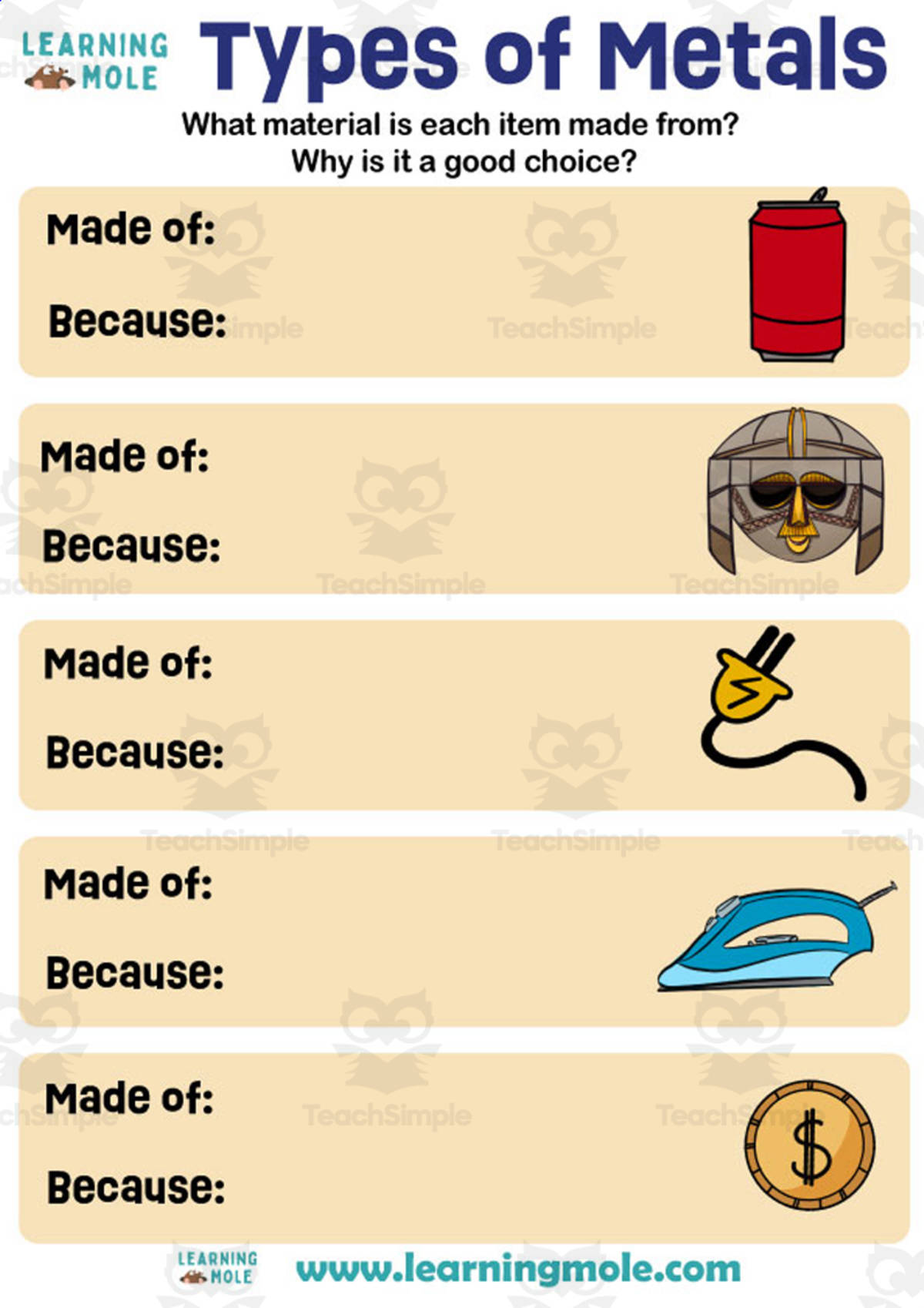 An educational teaching resource from Educational Voice entitled Types of Metals Activity downloadable at Teach Simple.