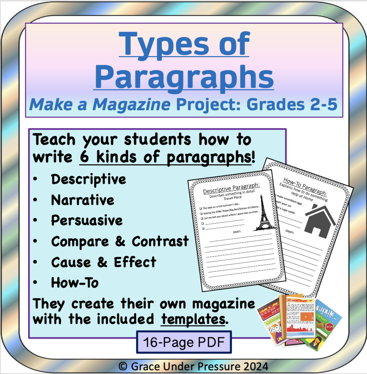 An educational teaching resource from Grace Under Pressure entitled Types of Paragraphs - Make a Magazine Project: How to Write Paragraphs downloadable at Teach Simple.