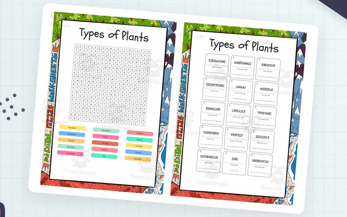 An educational teaching resource from Lapiiin Art Activities entitled Types of Plants word search, scramble and crossword downloadable at Teach Simple.