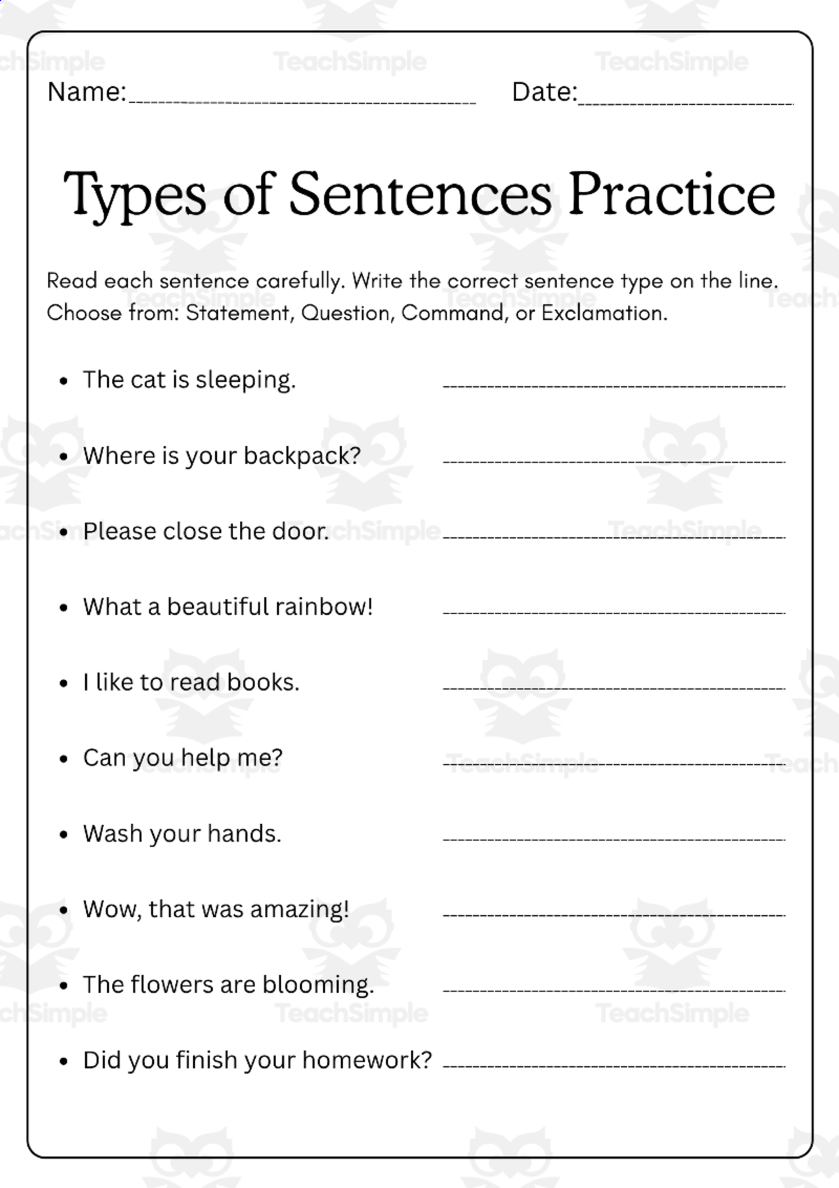 An educational teaching resource from Smart Learning Press entitled types of sentences statement questions command exclamation worksheets downloadable at Teach Simple.