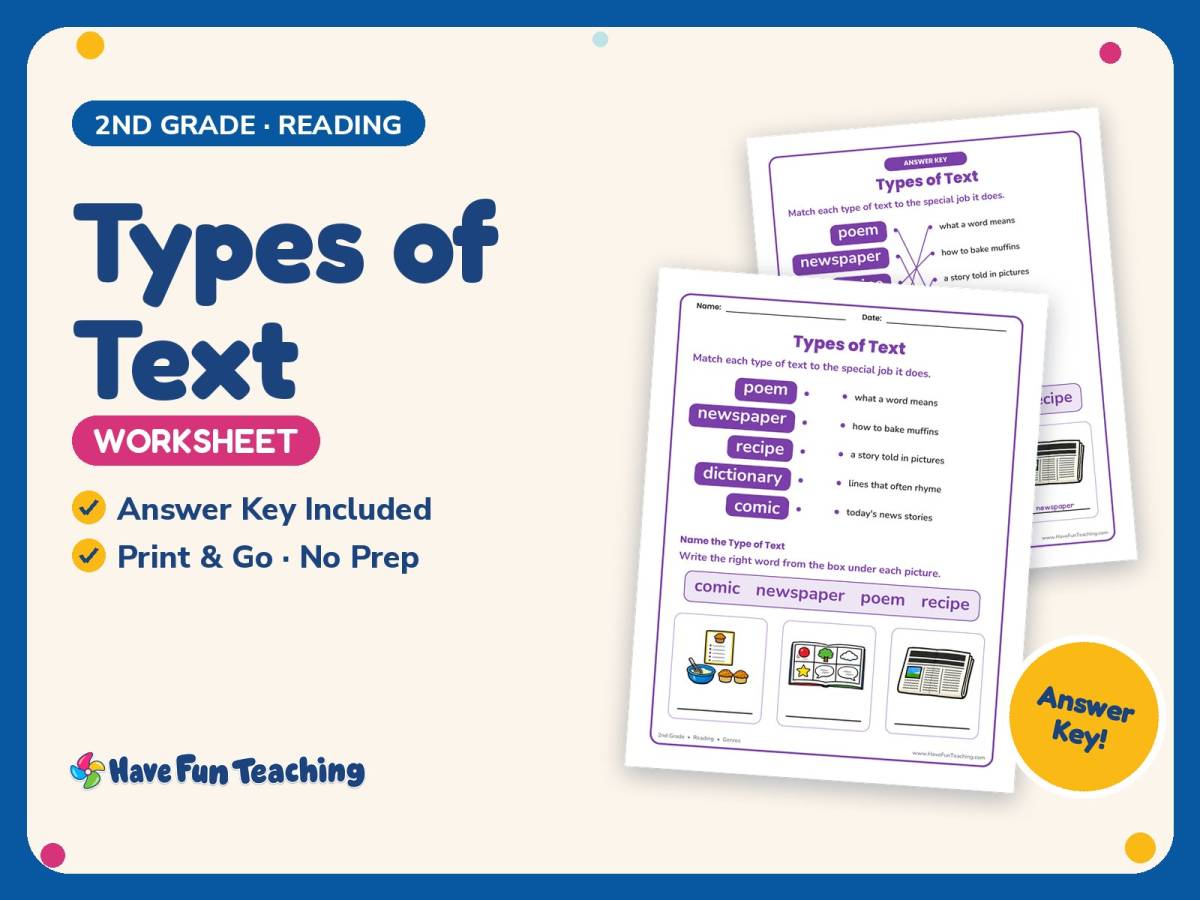Types of Text Worksheet – 2nd Grade Genres Practice + Answer Key preview