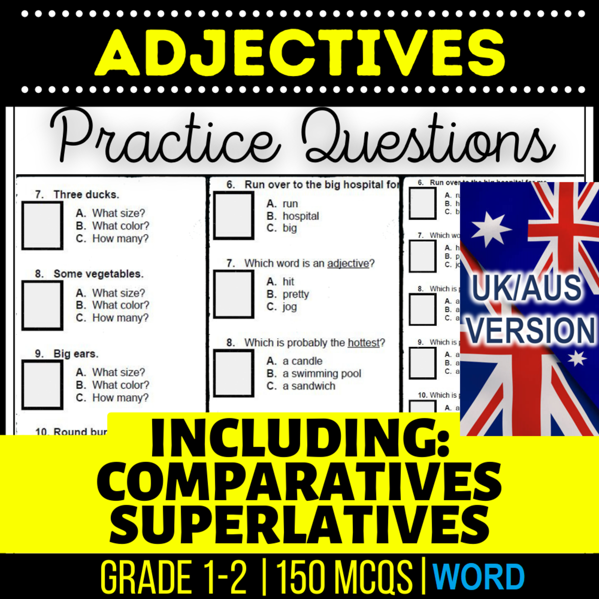 An educational teaching resource from Cored Education entitled UK/Aus English Adjectives Year 2-3 Grammar (Word) downloadable at Teach Simple.