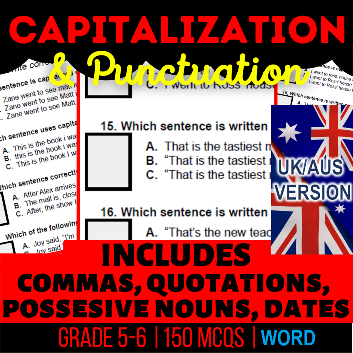 An educational teaching resource from Cored Education entitled UK/Aus English Capitalisation and Punctuation Year 6-7 (Word) downloadable at Teach Simple.
