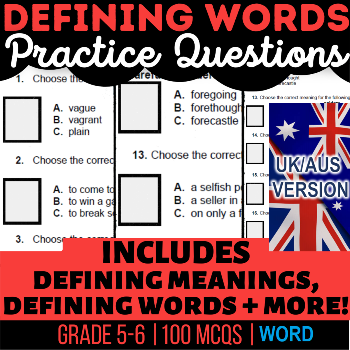 An educational teaching resource from Cored Education entitled UK/Aus English Defining Words Practice Questions - Year 6-7 (Word) downloadable at Teach Simple.