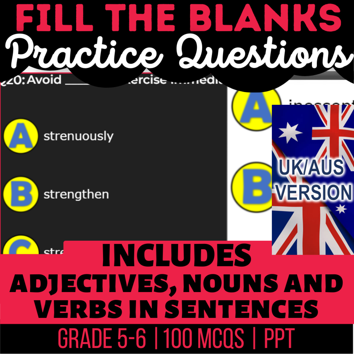 An educational teaching resource from Cored Education entitled UK/Aus English Fill in the Blanks Practice Questions - Year 6-7 (PPT) downloadable at Teach Simple.
