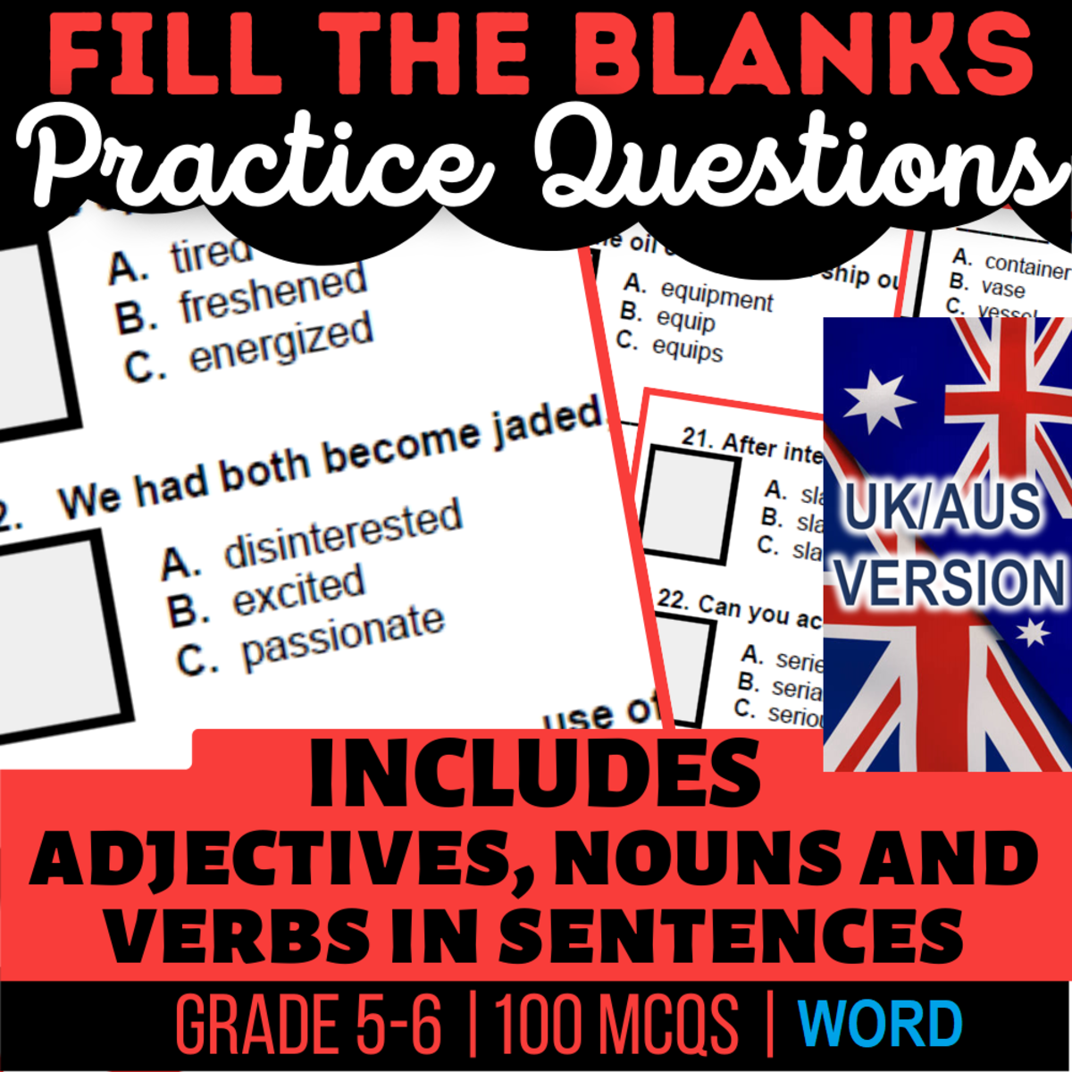 An educational teaching resource from Cored Education entitled UK/Aus English Fill in the Blanks Practice Questions - Year 6-7 (Word) downloadable at Teach Simple.