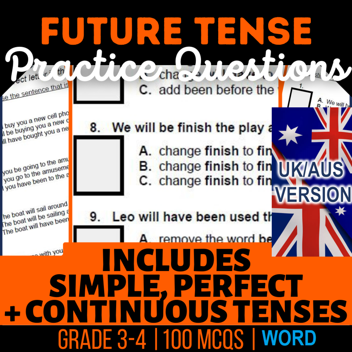 An educational teaching resource from Cored Education entitled UK/Aus English Future Tense Practice Questions - Year 4-5 (Word) downloadable at Teach Simple.