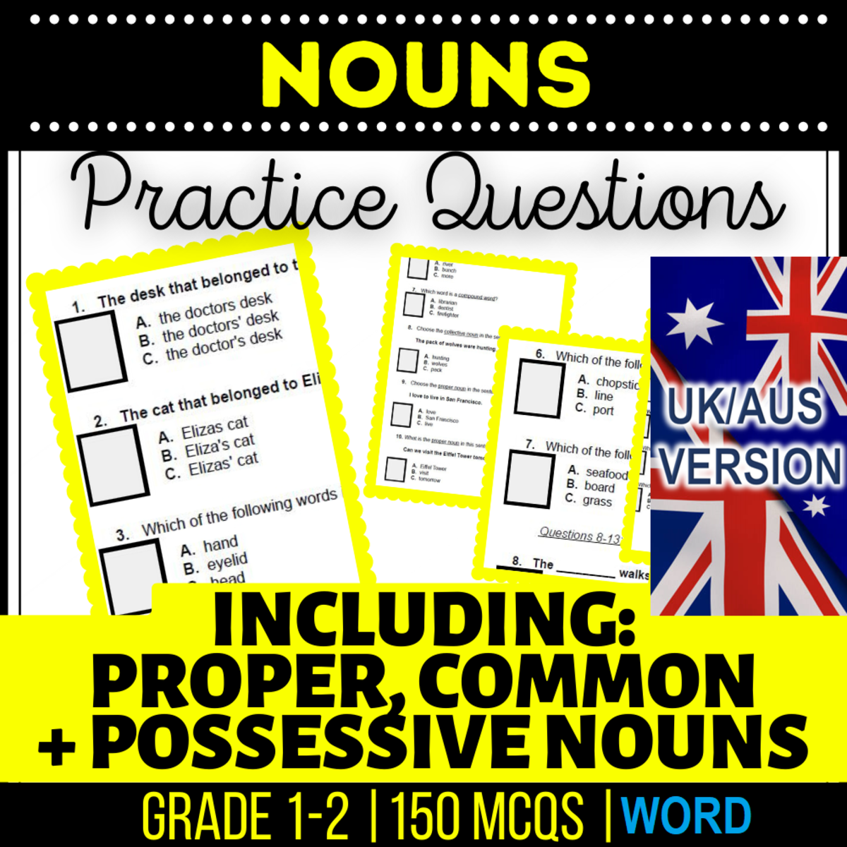 An educational teaching resource from Cored Education entitled UK/Aus English Language Arts Year 2-3 MCQS: Nouns (Word) downloadable at Teach Simple.