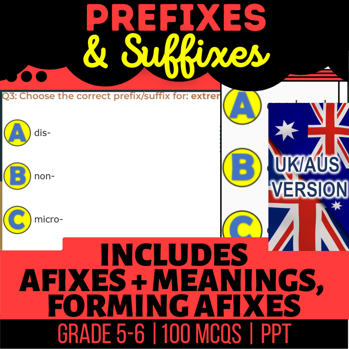 An educational teaching resource from Cored Education entitled UK/Aus English Prefixes and Suffixes Practice Year 6-7 (PPT) downloadable at Teach Simple.