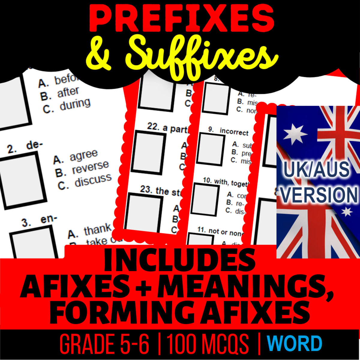 An educational teaching resource from Cored Education entitled UK/Aus English Prefixes and Suffixes Practice Year 6-7 (Word) downloadable at Teach Simple.
