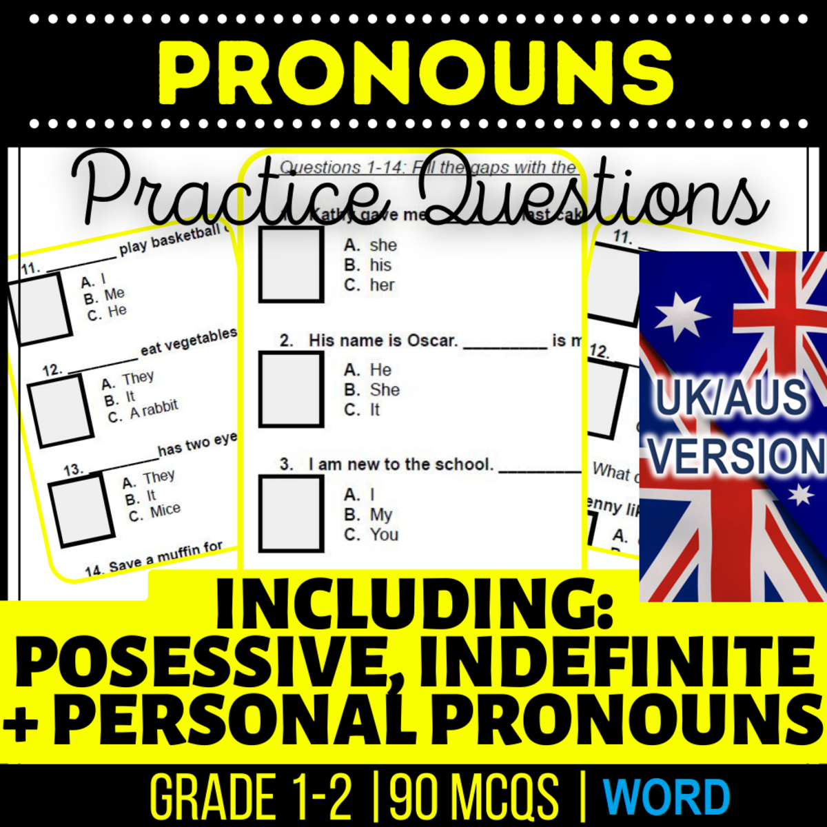 An educational teaching resource from Cored Education entitled UK/Aus English Pronouns Practice Questions - Year 2-3 (Word) downloadable at Teach Simple.
