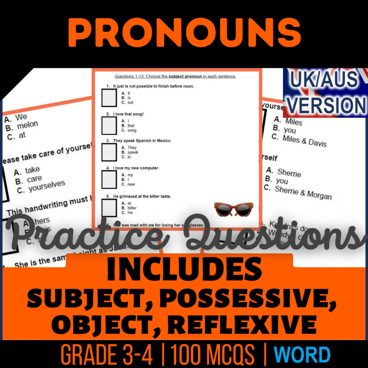 An educational teaching resource from Cored Education entitled UK/Aus English Pronouns Practice Questions - Year 4-5 (Word) downloadable at Teach Simple.