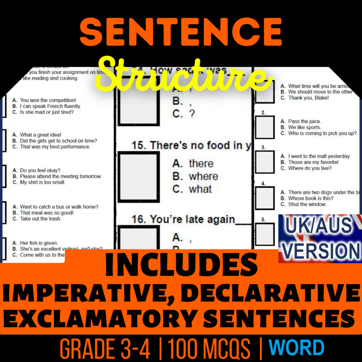 An educational teaching resource from Cored Education entitled UK/Aus English Sentence Structure Practice Questions - Year 4-5 (Word) downloadable at Teach Simple.