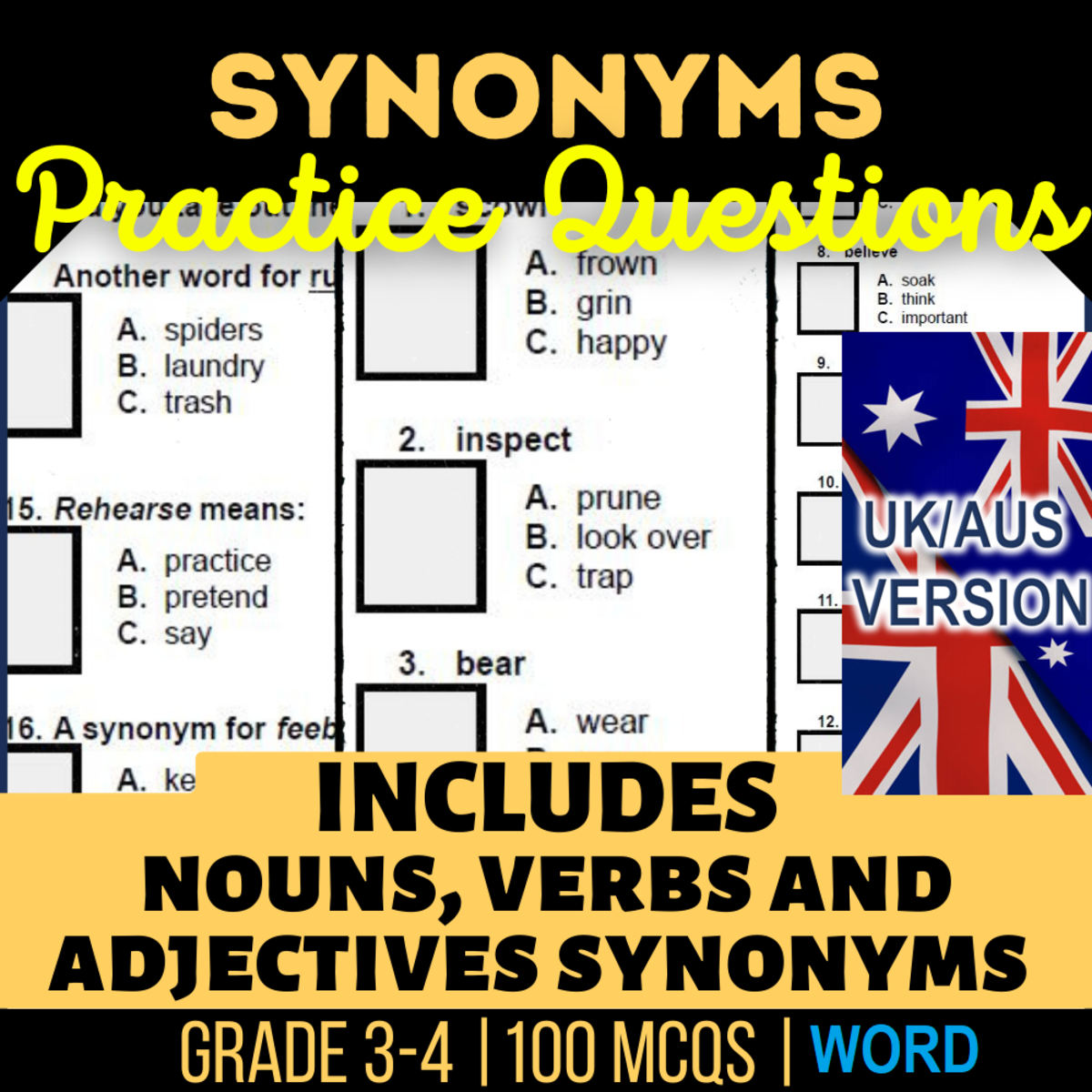 An educational teaching resource from Cored Education entitled UK/Aus English Synonyms Practice Questions Grade 3-4 (Word) downloadable at Teach Simple.