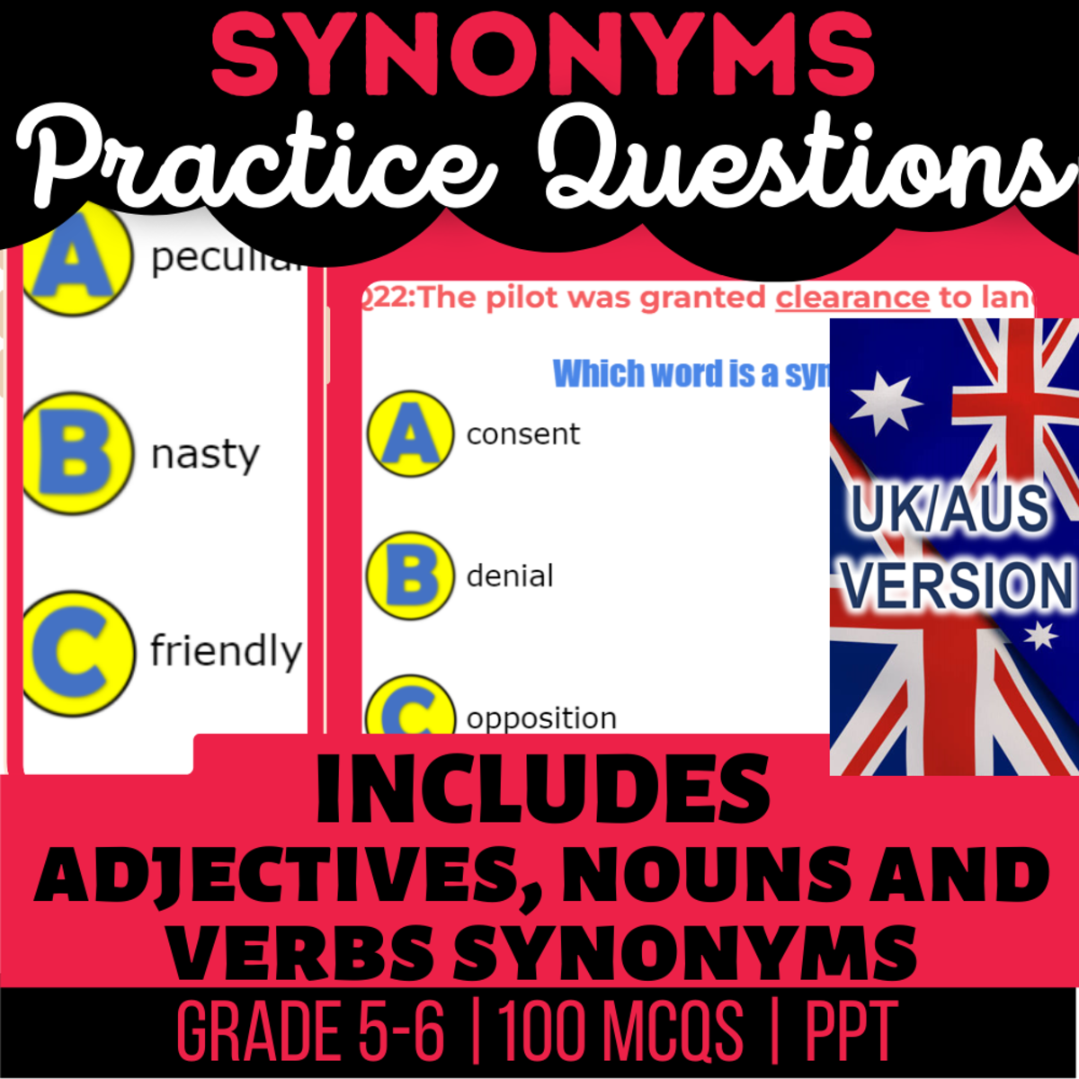 An educational teaching resource from Cored Education entitled UK/Aus English Synonyms Practice Questions - Year 6-7 (PPT) downloadable at Teach Simple.
