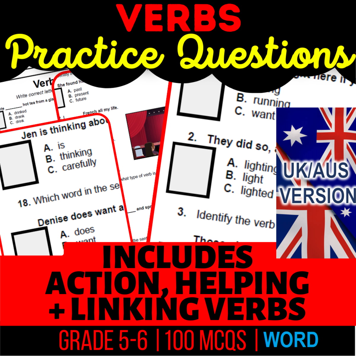 An educational teaching resource from Cored Education entitled UK/Aus English Verbs Practice Questions - Grammar Year 6-7 (Word) downloadable at Teach Simple.