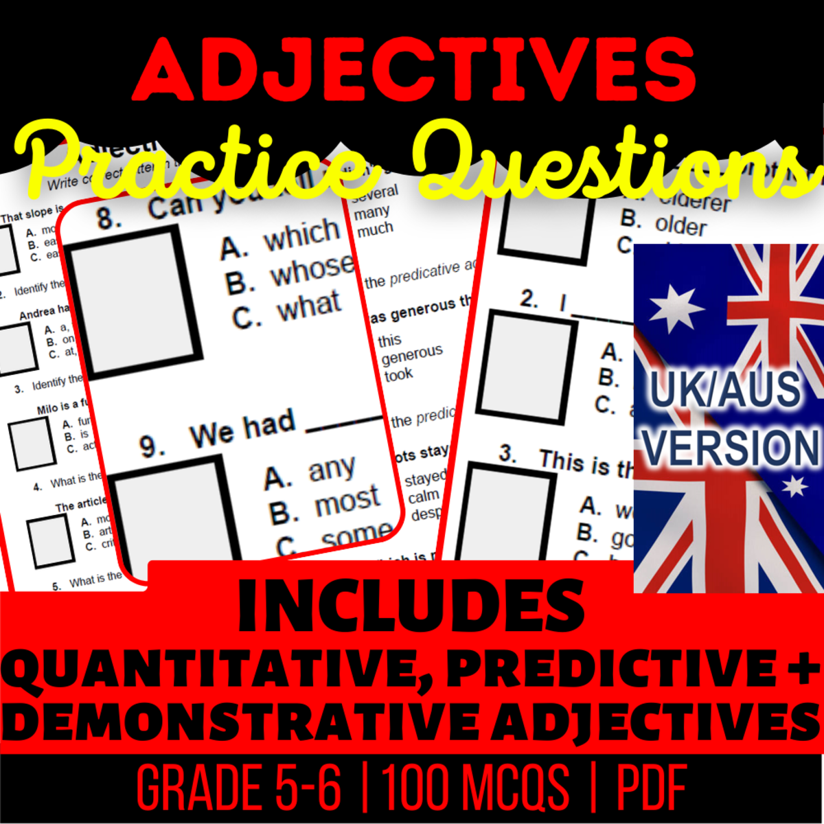 An educational teaching resource from Cored Education entitled UK/Aus Spelling Adjectives Practice Questions - Grammar Year 6-7 (PDF) downloadable at Teach Simple.