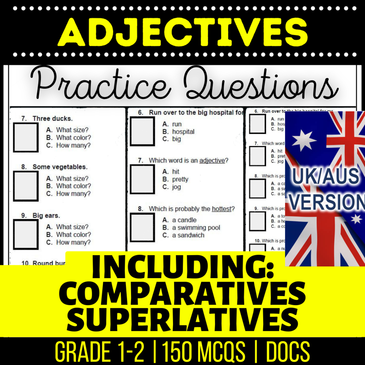 An educational teaching resource from Cored Education entitled UK/Aus Spelling Adjectives Practice Questions - Year 2-3 (Docs) downloadable at Teach Simple.