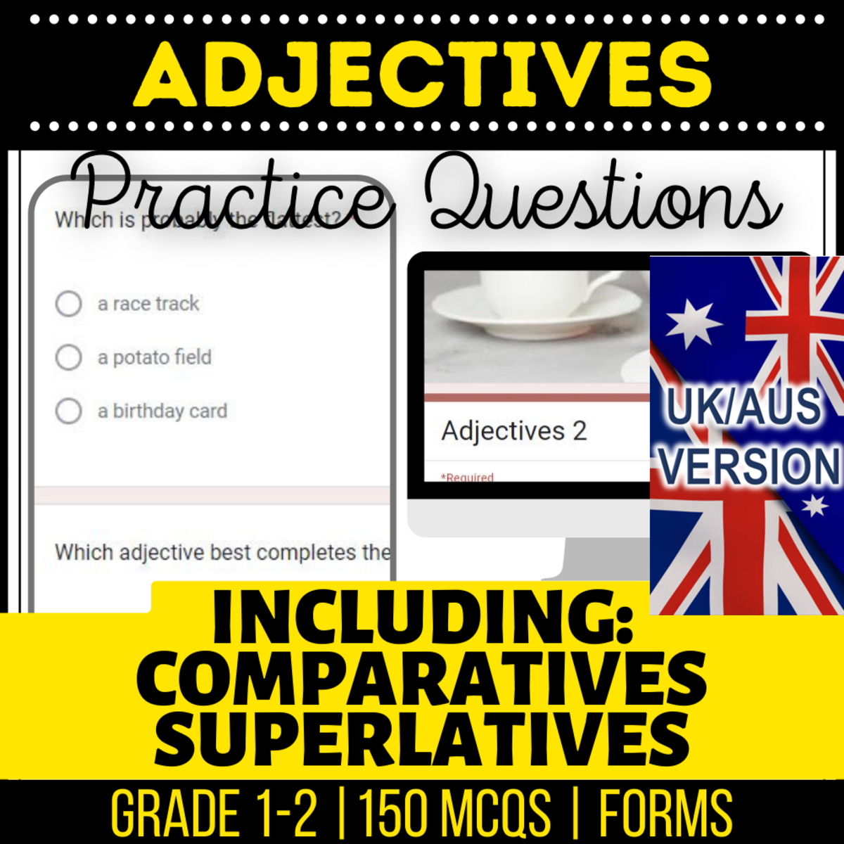 An educational teaching resource from Cored Education entitled UK/Aus Spelling Adjectives Practice Questions - Year 2-3 (Forms) downloadable at Teach Simple.