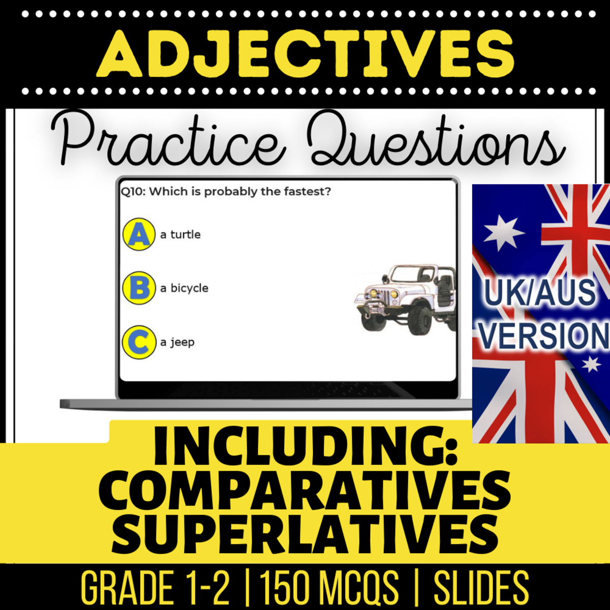 An educational teaching resource from Cored Education entitled UK/Aus Spelling Adjectives Practice Questions - Year 2-3 (Slides) downloadable at Teach Simple.