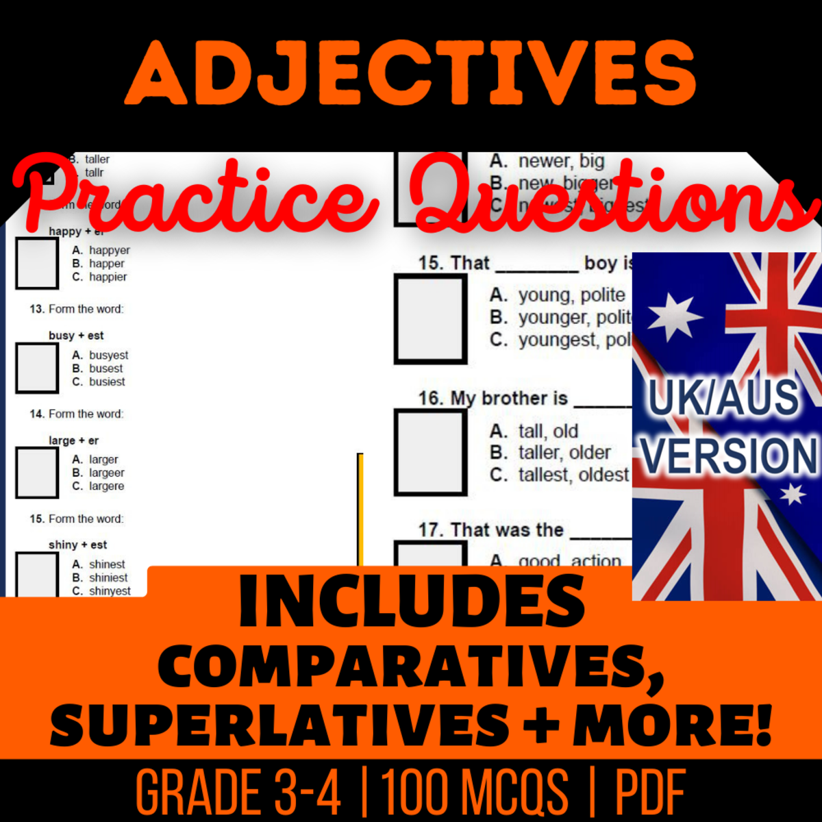An educational teaching resource from Cored Education entitled UK/Aus Spelling Adjectives Practice Questions - Year 4-5 Grammar (PDF) downloadable at Teach Simple.