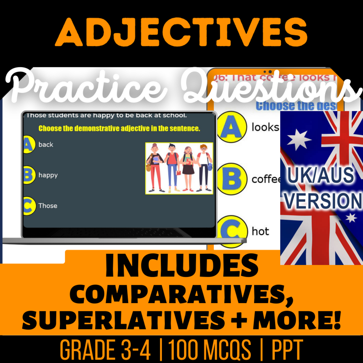 An educational teaching resource from Cored Education entitled UK/Aus Spelling Adjectives Practice Questions - Year 4-5 (PPT) downloadable at Teach Simple.