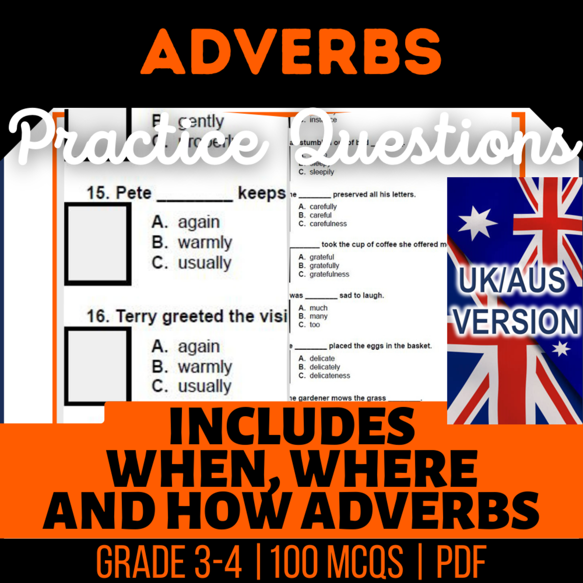 An educational teaching resource from Cored Education entitled UK/Aus Spelling Adverbs Practice Questions - Year 4-5 Grammar (PDF) downloadable at Teach Simple.