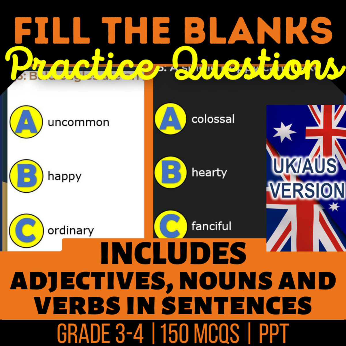 An educational teaching resource from Cored Education entitled UK/Aus Spelling Fill in the Blanks Practice Questions - Year 4-5 (PPT) downloadable at Teach Simple.