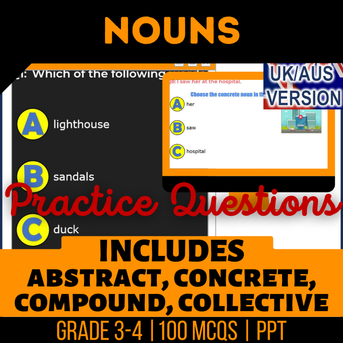 An educational teaching resource from Cored Education entitled UK/Aus Spelling Nouns Practice Questions - Year 4-5 (PPT) downloadable at Teach Simple.