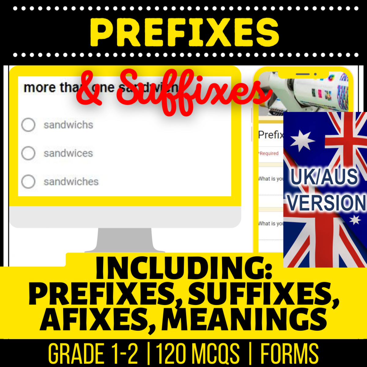 An educational teaching resource from Cored Education entitled UK/Aus Spelling Prefixes and Suffixes Grammar Practice MCQs downloadable at Teach Simple.
