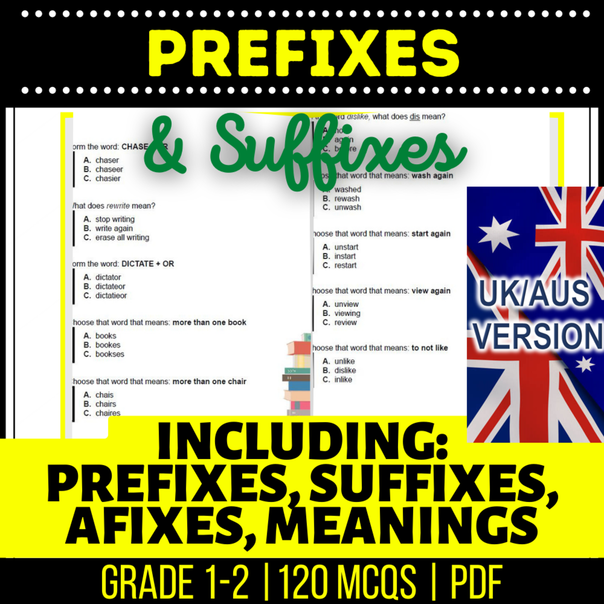 An educational teaching resource from Cored Education entitled UK/Aus Spelling Prefixes and Suffixes Practice - Year 2-3 (PDF) downloadable at Teach Simple.
