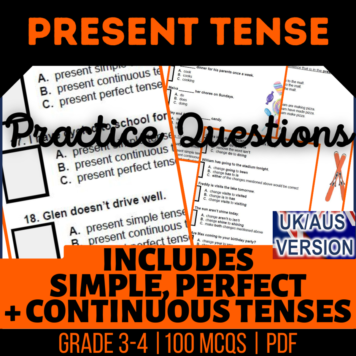An educational teaching resource from Cored Education entitled UK/Aus Spelling Present Tense Practice - Year 4-5 Grammar (PDF) downloadable at Teach Simple.