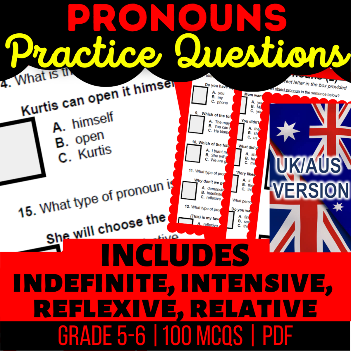 An educational teaching resource from Cored Education entitled UK/Aus Spelling Pronouns Practice Questions - Grammar Year 6-7 (PDF) downloadable at Teach Simple.