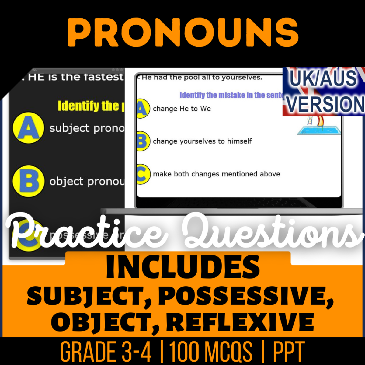 An educational teaching resource from Cored Education entitled UK/Aus Spelling Pronouns Practice Questions - Year 4-5 (PPT) downloadable at Teach Simple.