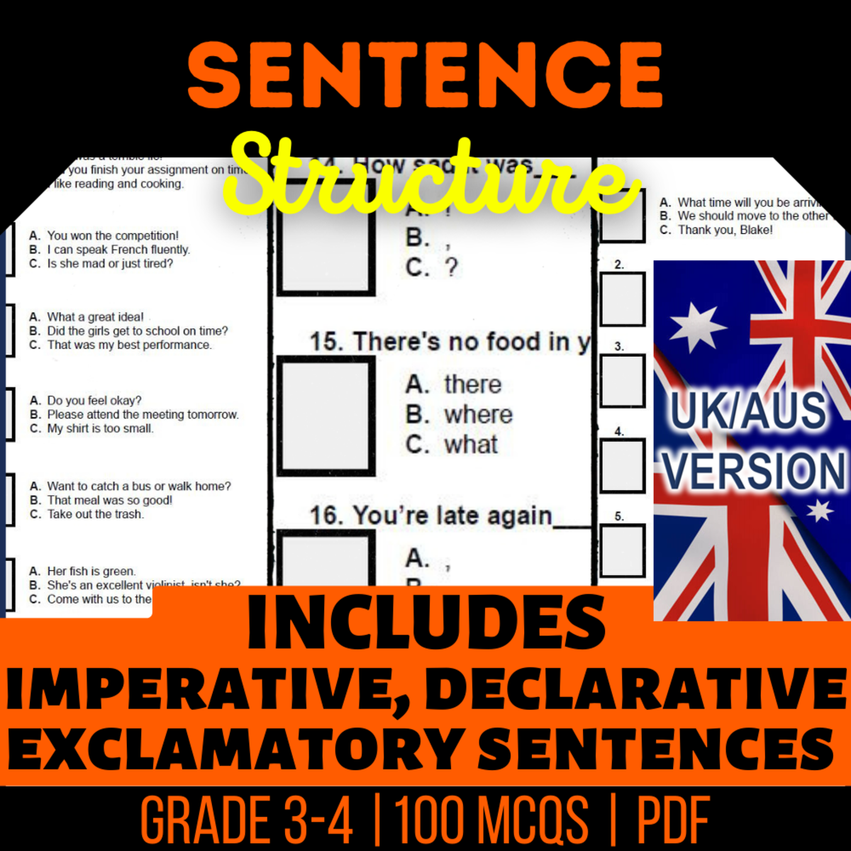 An educational teaching resource from Cored Education entitled UK/Aus Spelling Sentence Structure Practice Questions - Year 4-5 (PDF) downloadable at Teach Simple.
