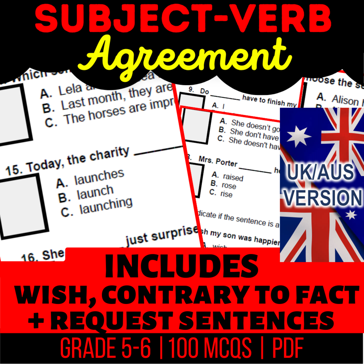 An educational teaching resource from Cored Education entitled UK/Aus Spelling Subject-Verb Agreement Practice Questions Year 6-7 PDF downloadable at Teach Simple.