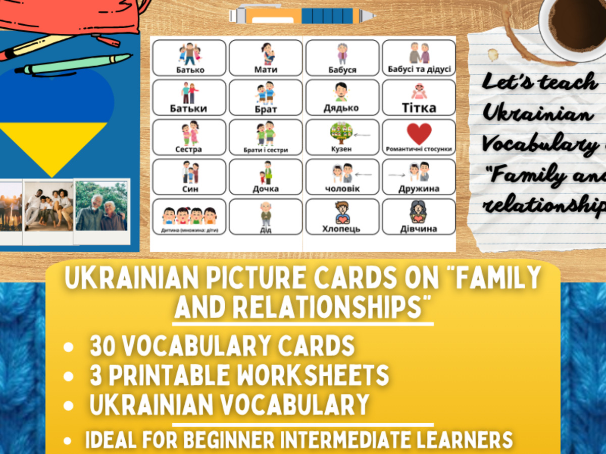 An educational teaching resource from Learning with Alan entitled Ukrainian Picture Vocabulary Flashcards - Family & Relationships downloadable at Teach Simple.