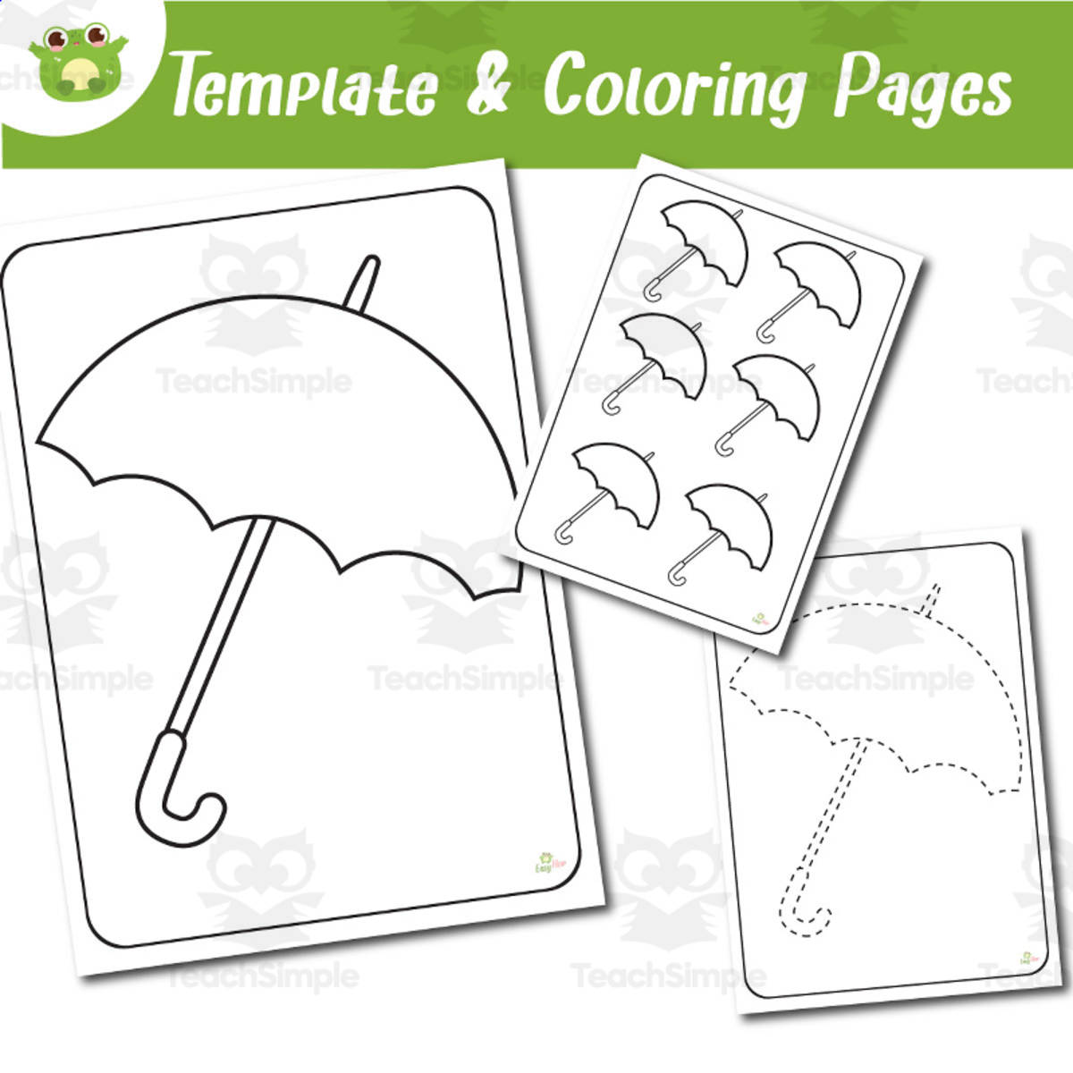 An educational teaching resource from EasyHop entitled Umbrella Coloring, Template & Tracing Pages | Weather Printable PreK downloadable at Teach Simple.