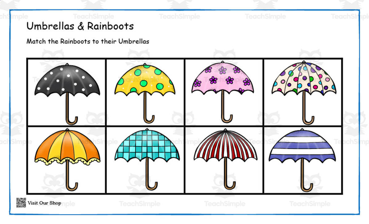 An educational teaching resource from KD's Kids School Shop entitled Umbrellas and Rainboots Matching Activity downloadable at Teach Simple.