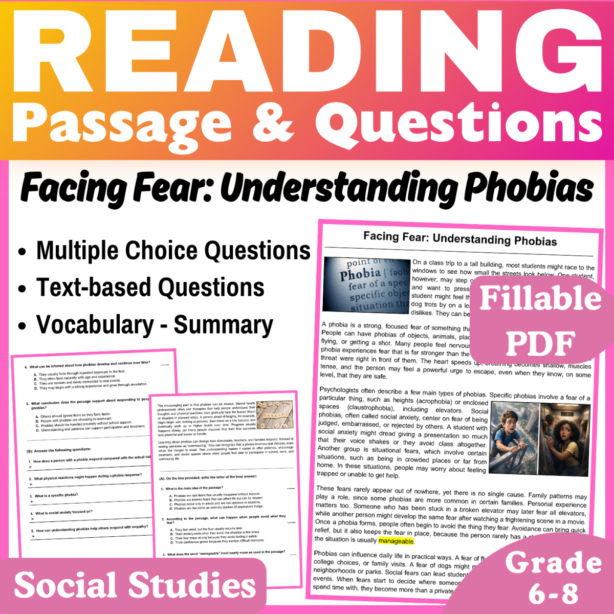 An educational teaching resource from CORED Education - Middle & High School entitled Understanding Phobias: Social Studies Reading Passage (Fillable PDF) downloadable at Teach Simple.