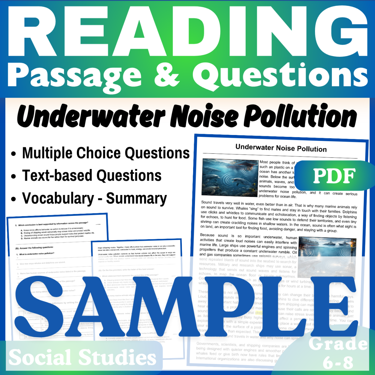 An educational teaching resource from CORED Education - Middle & High School entitled Underwater Noise Pollution: SAMPLE Social Studies Reading Passage downloadable at Teach Simple.