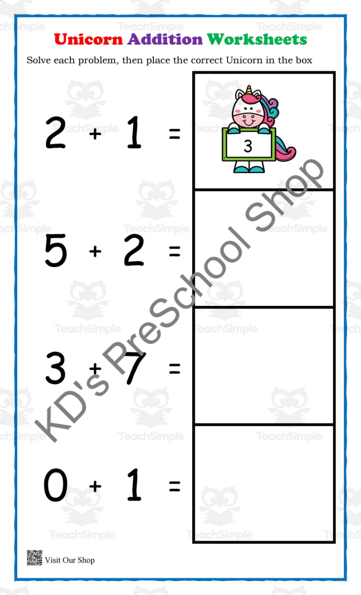 An educational teaching resource from KD's Kids School Shop entitled Unicorn Addition Match Up Preschool-Kinder-Homeschool downloadable at Teach Simple.
