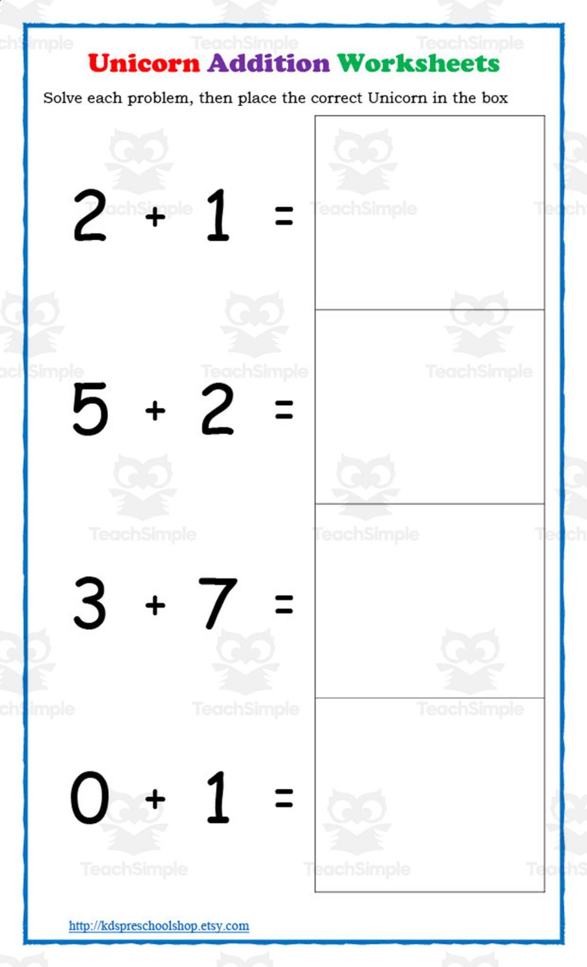An educational teaching resource from KD's Kids School Shop entitled Unicorn Addition Worksheets downloadable at Teach Simple.