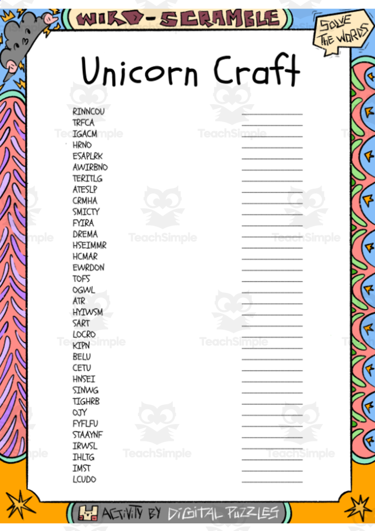 An educational teaching resource from Lapiiin Art Activities entitled Unicorn Craft word Scramble puzzle worksheet downloadable at Teach Simple.