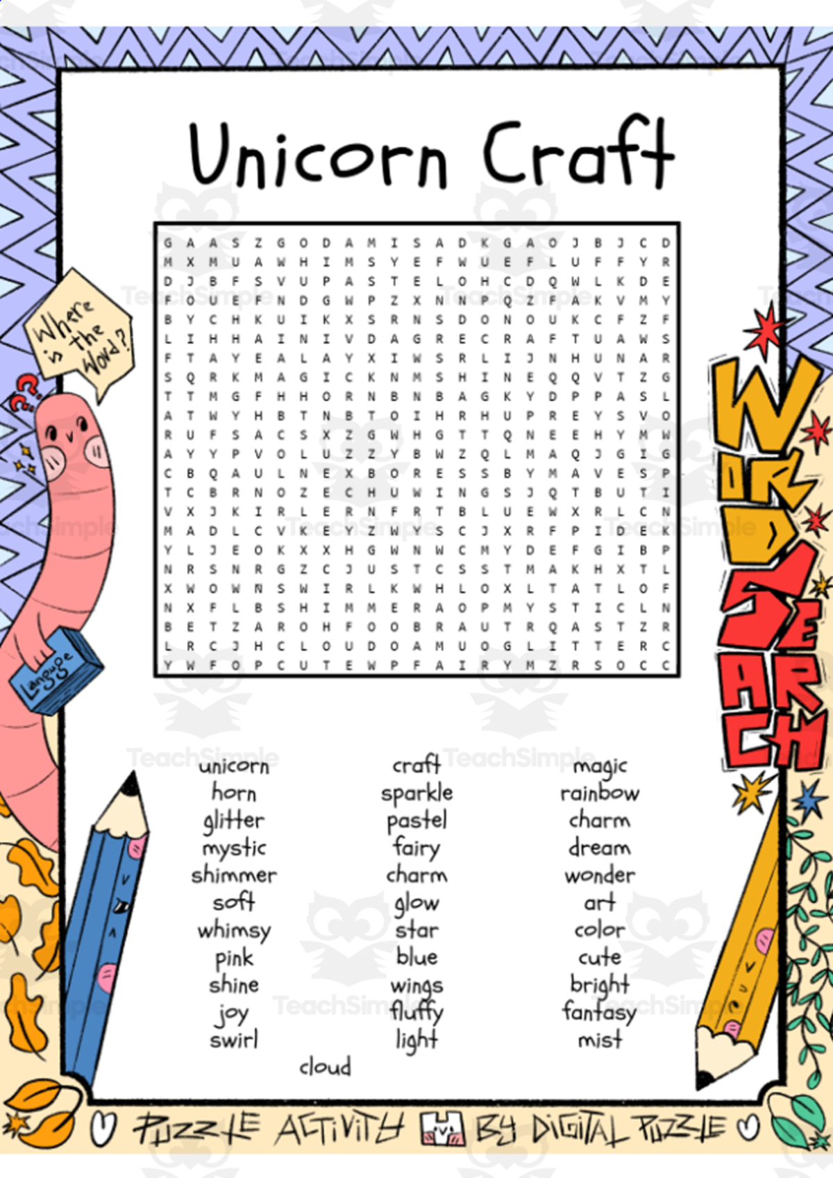 An educational teaching resource from Lapiiin Art Activities entitled Unicorn Craft word search puzzle worksheet activity downloadable at Teach Simple.