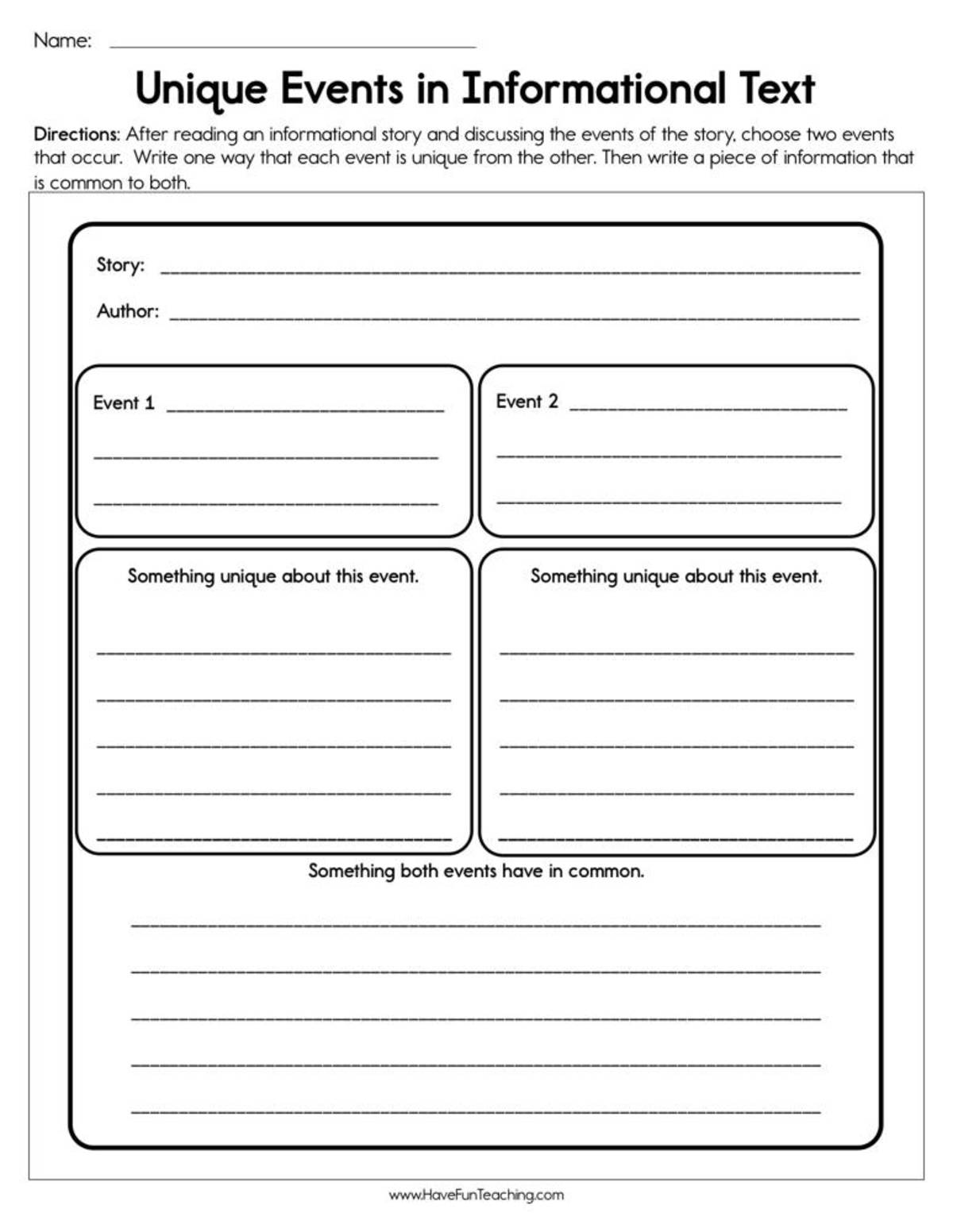 An educational teaching resource from Have Fun Teaching entitled Unique Events in Informational Texts Worksheet downloadable at Teach Simple.