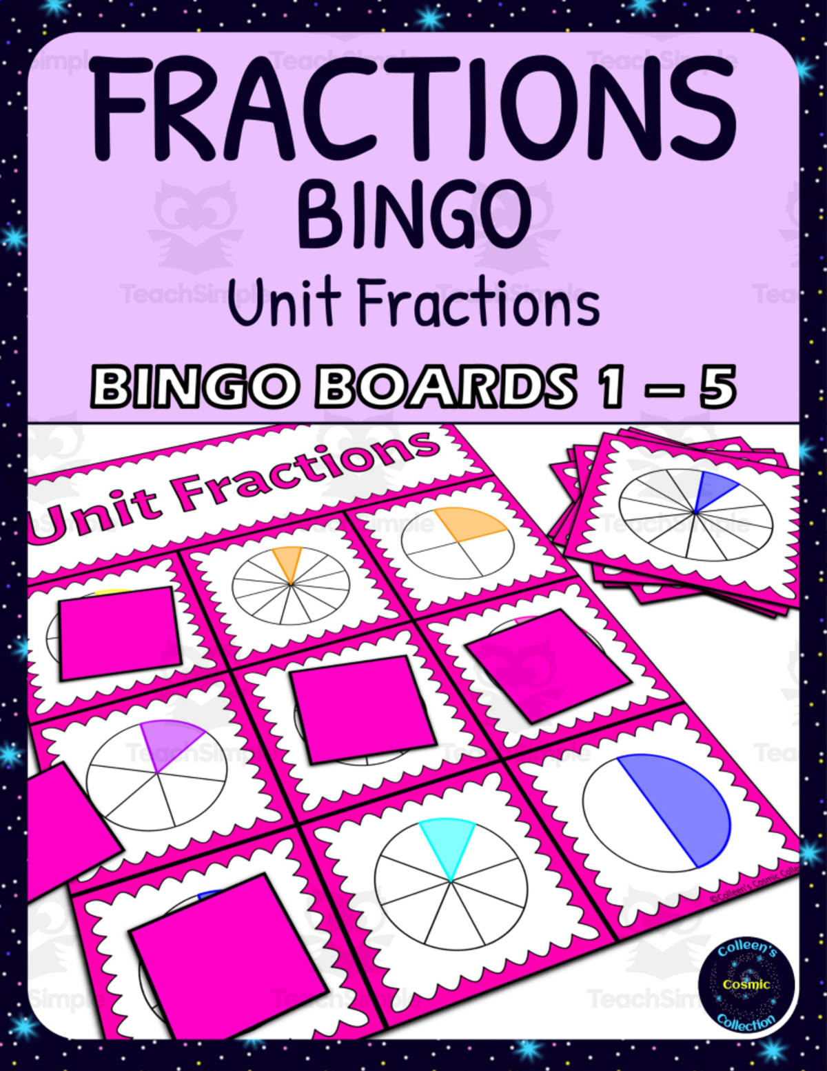 An educational teaching resource from Colleen's Cosmic Collection entitled Unit Fractions Activity - Bingo Game - Fraction Circles - Boards 1-5 downloadable at Teach Simple.