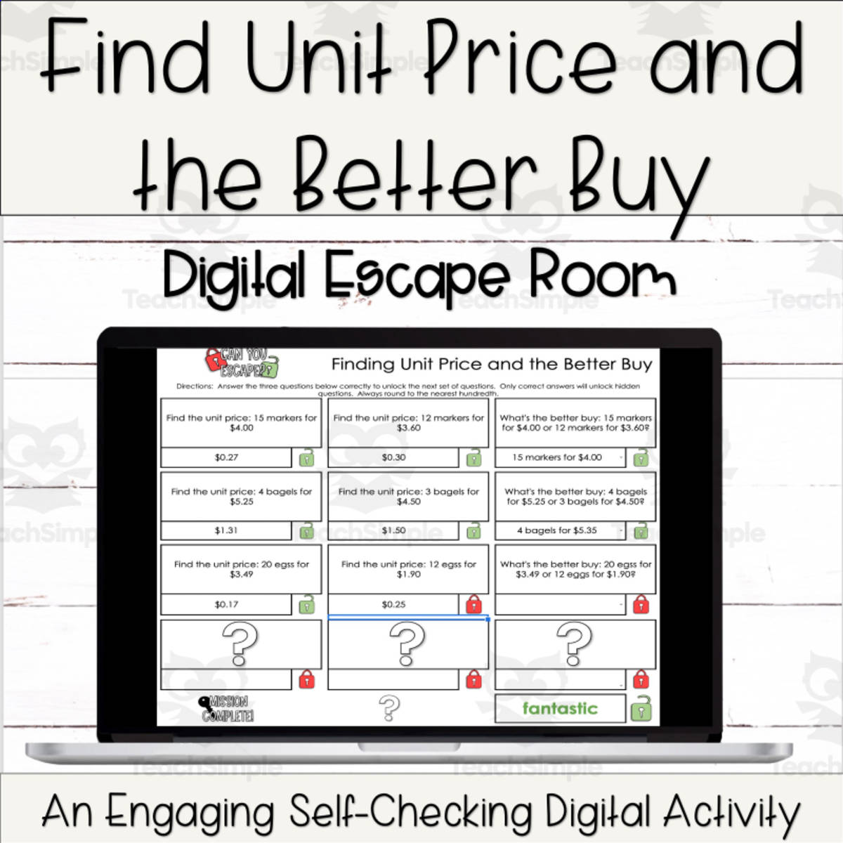 An educational teaching resource from Digitally Yours Shop entitled Unit Price and the Better Buy Digital Self-Checking Escape Room Activity downloadable at Teach Simple.