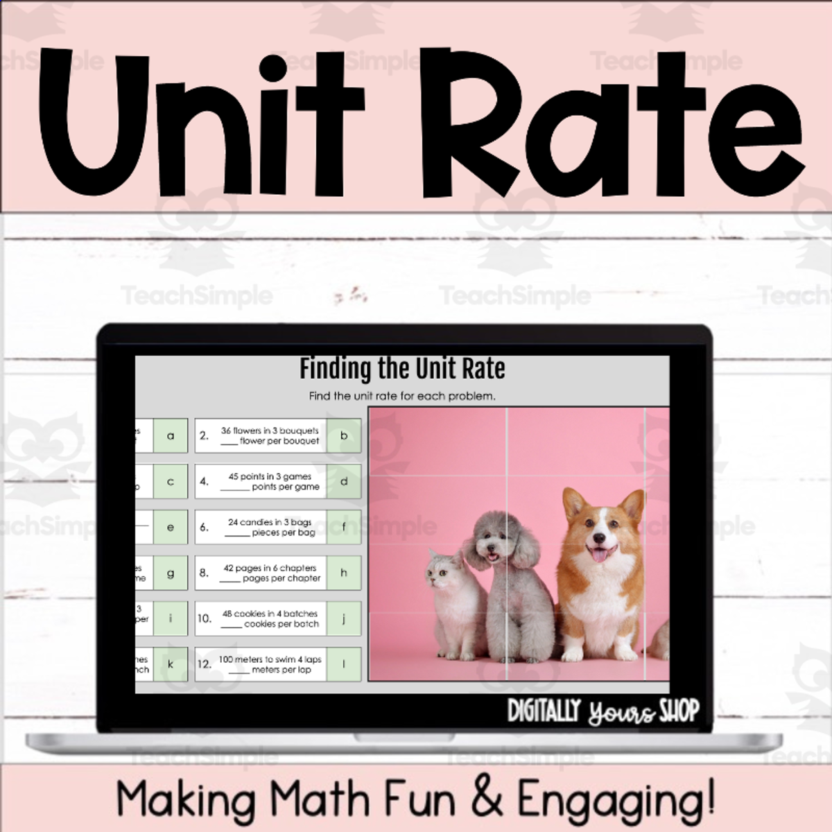 An educational teaching resource from Digitally Yours Shop entitled Unit Rate Digital Self-Checking Digital Activity downloadable at Teach Simple.
